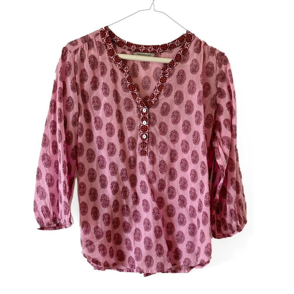 World Market Pink Paisley Tunic Top S/M, 3/4 Length Sleeves 100% cotton